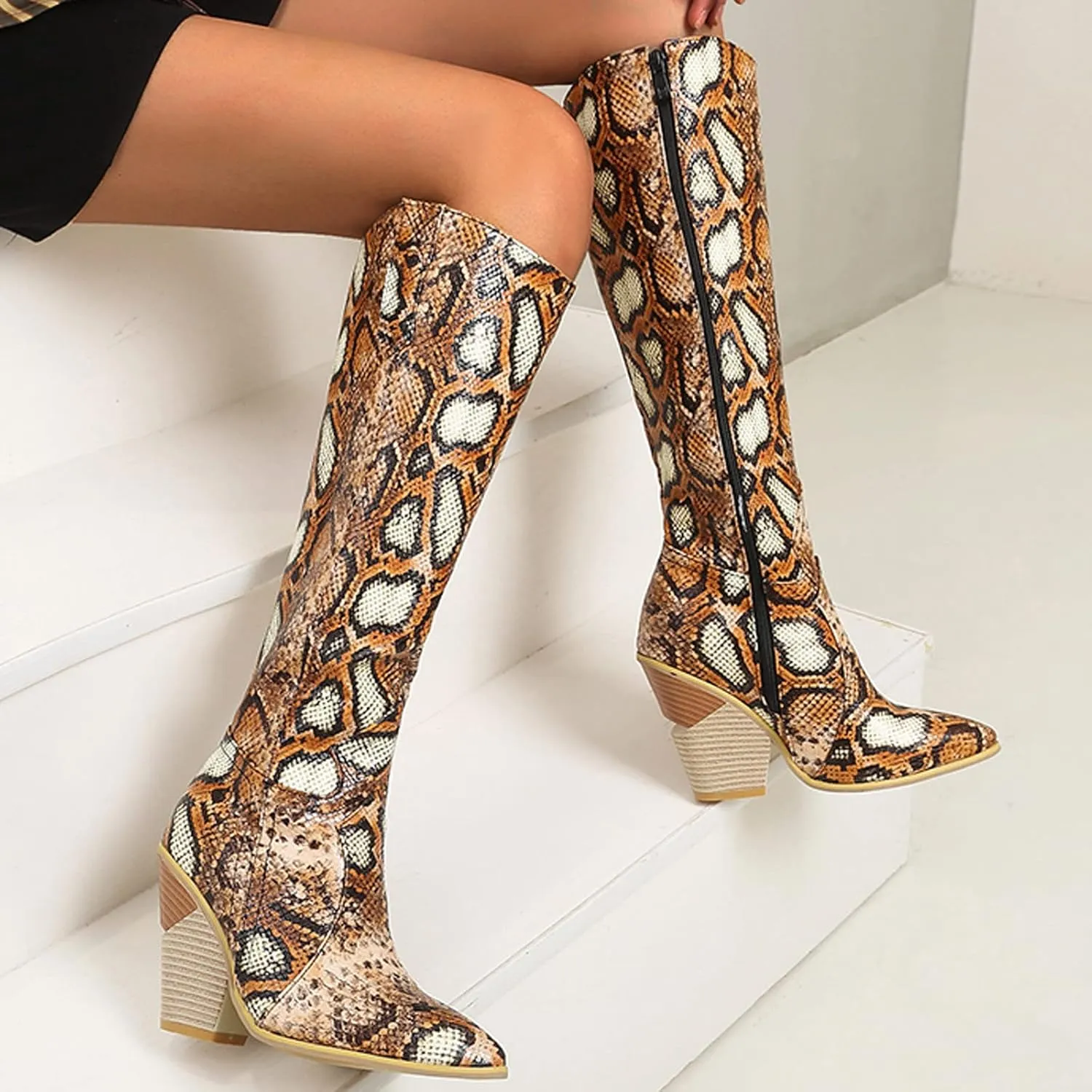 Womens Knee High Snakeskin Boots - Sexy Snake Print Pointed Toe Side Zipper Chunky High Heel Long Boots Casual Trendy Ladies Stack Heels Shoes