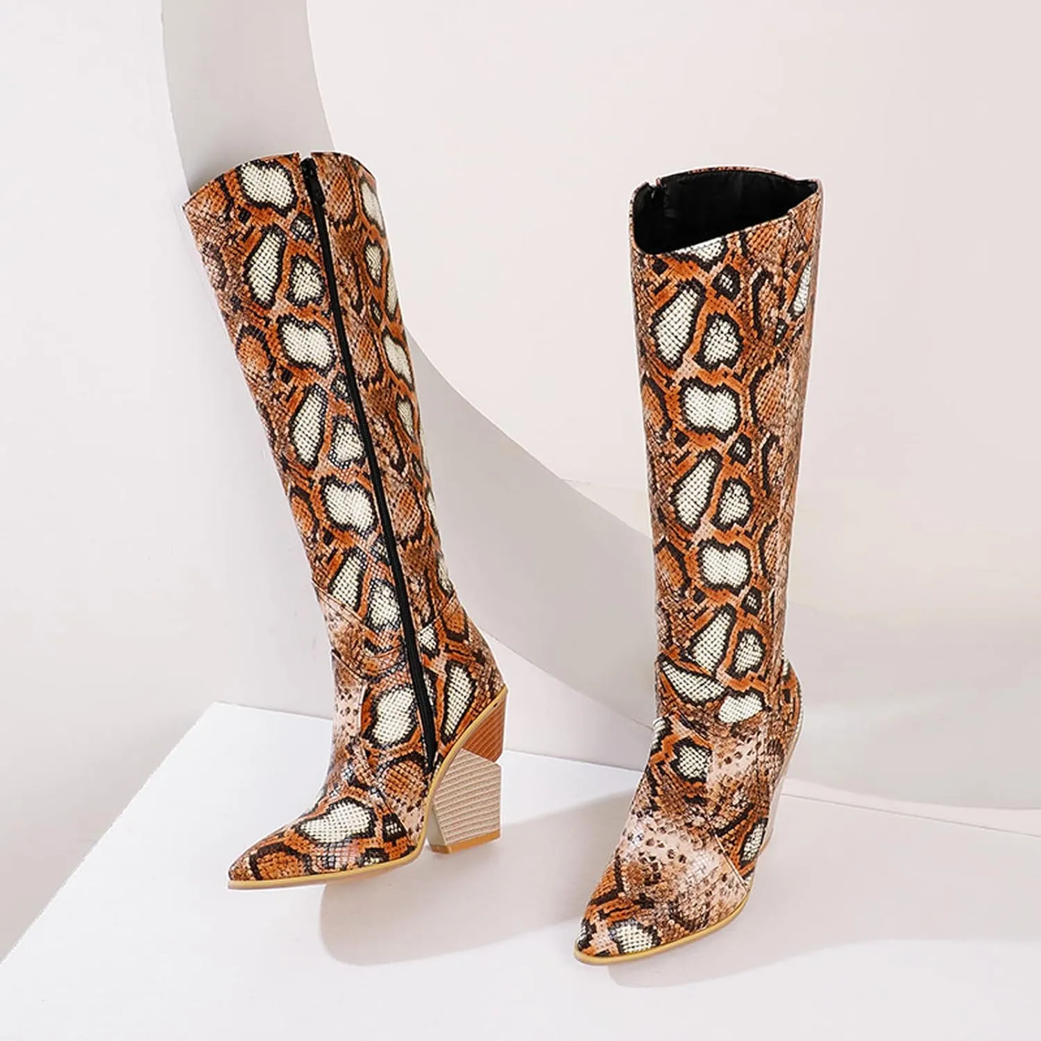 Womens Knee High Snakeskin Boots - Sexy Snake Print Pointed Toe Side Zipper Chunky High Heel Long Boots Casual Trendy Ladies Stack Heels Shoes
