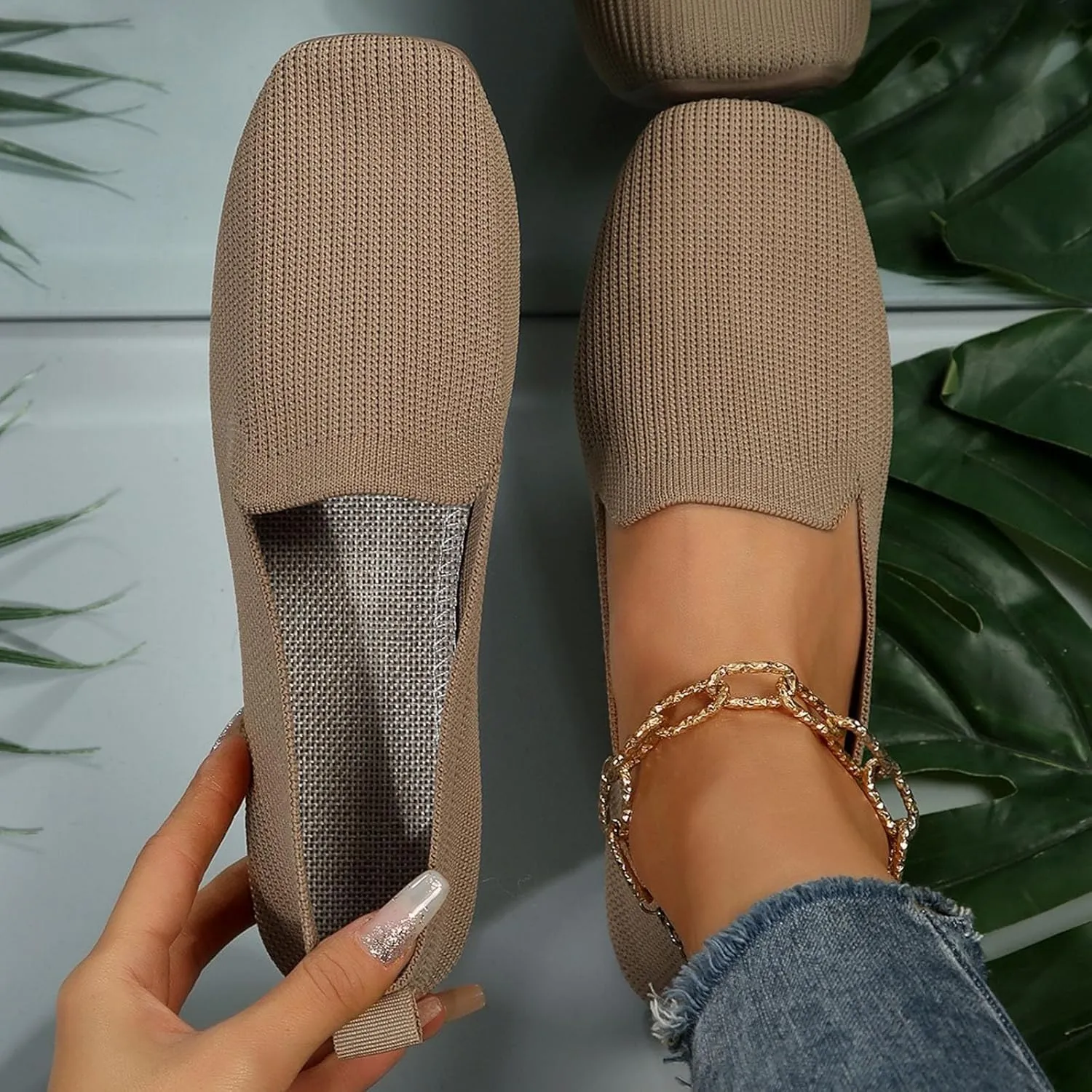 Womens Knitted Flat Shoes Soft Cushion Loafers Flats Shoes Round Head Ballet Flat Shoe Breathable Walking Shoe
