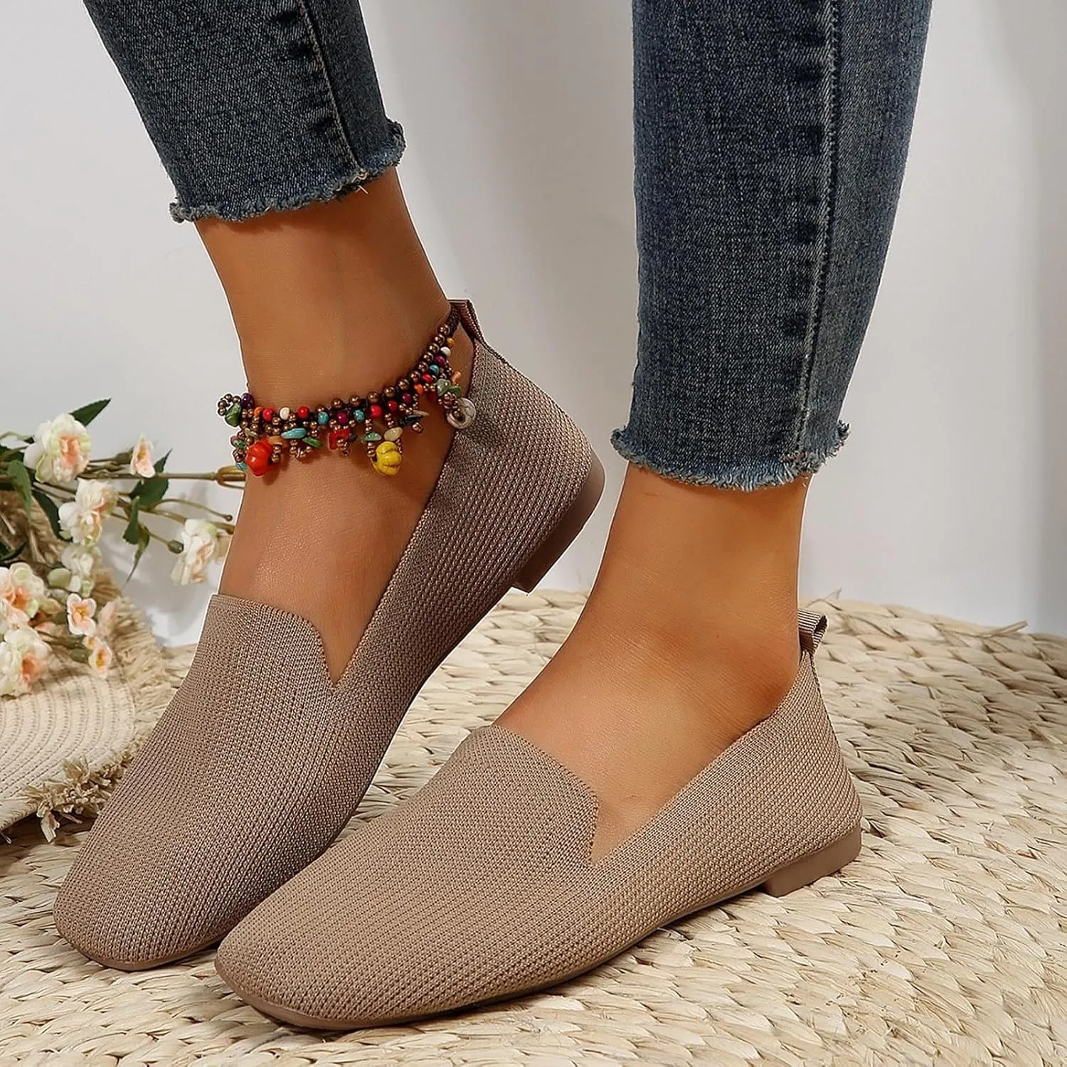 Womens Knitted Flat Shoes Soft Cushion Loafers Flats Shoes Round Head Ballet Flat Shoe Breathable Walking Shoe