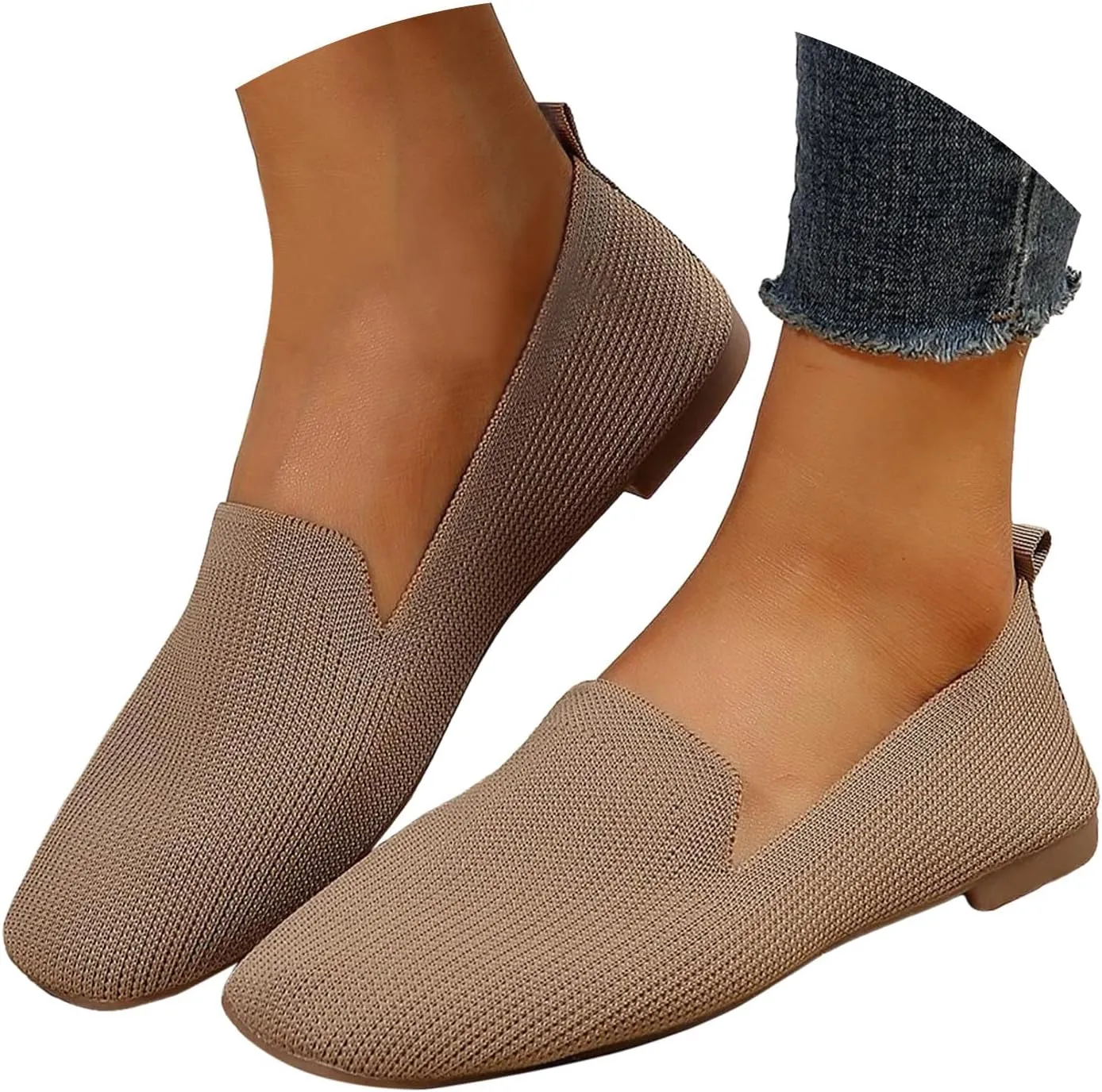 Womens Knitted Flat Shoes Soft Cushion Loafers Flats Shoes Round Head Ballet Flat Shoe Breathable Walking Shoe