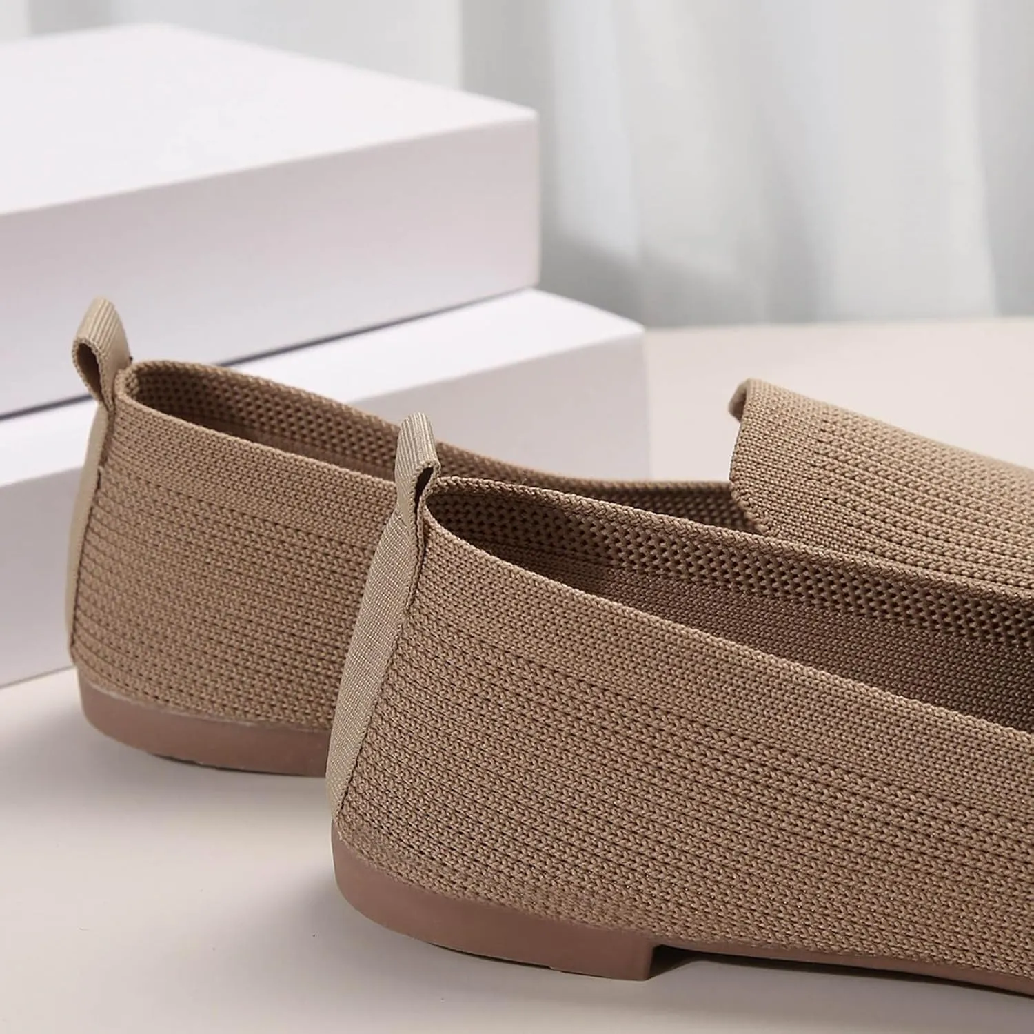 Womens Knitted Flat Shoes Soft Cushion Loafers Flats Shoes Round Head Ballet Flat Shoe Breathable Walking Shoe