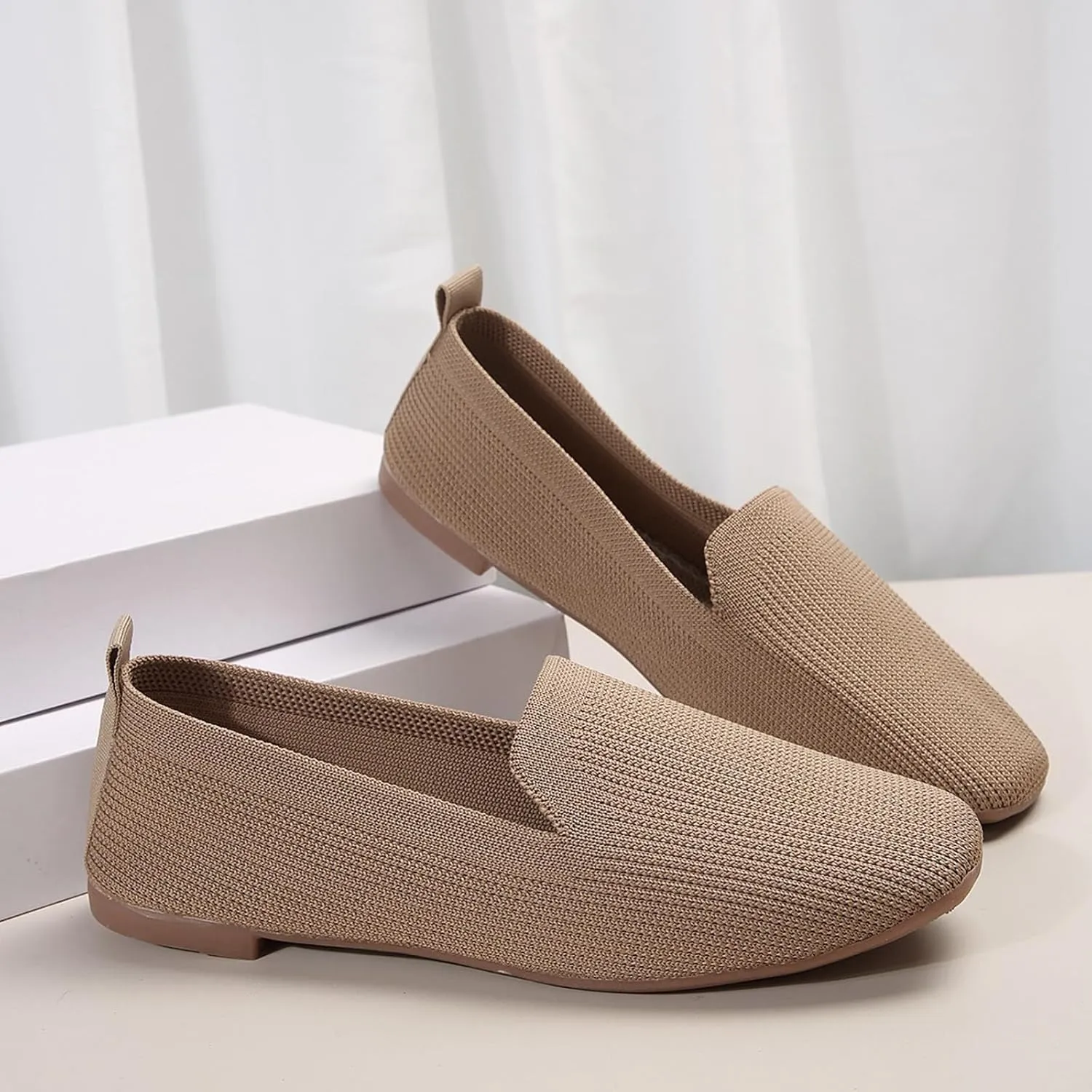Womens Knitted Flat Shoes Soft Cushion Loafers Flats Shoes Round Head Ballet Flat Shoe Breathable Walking Shoe