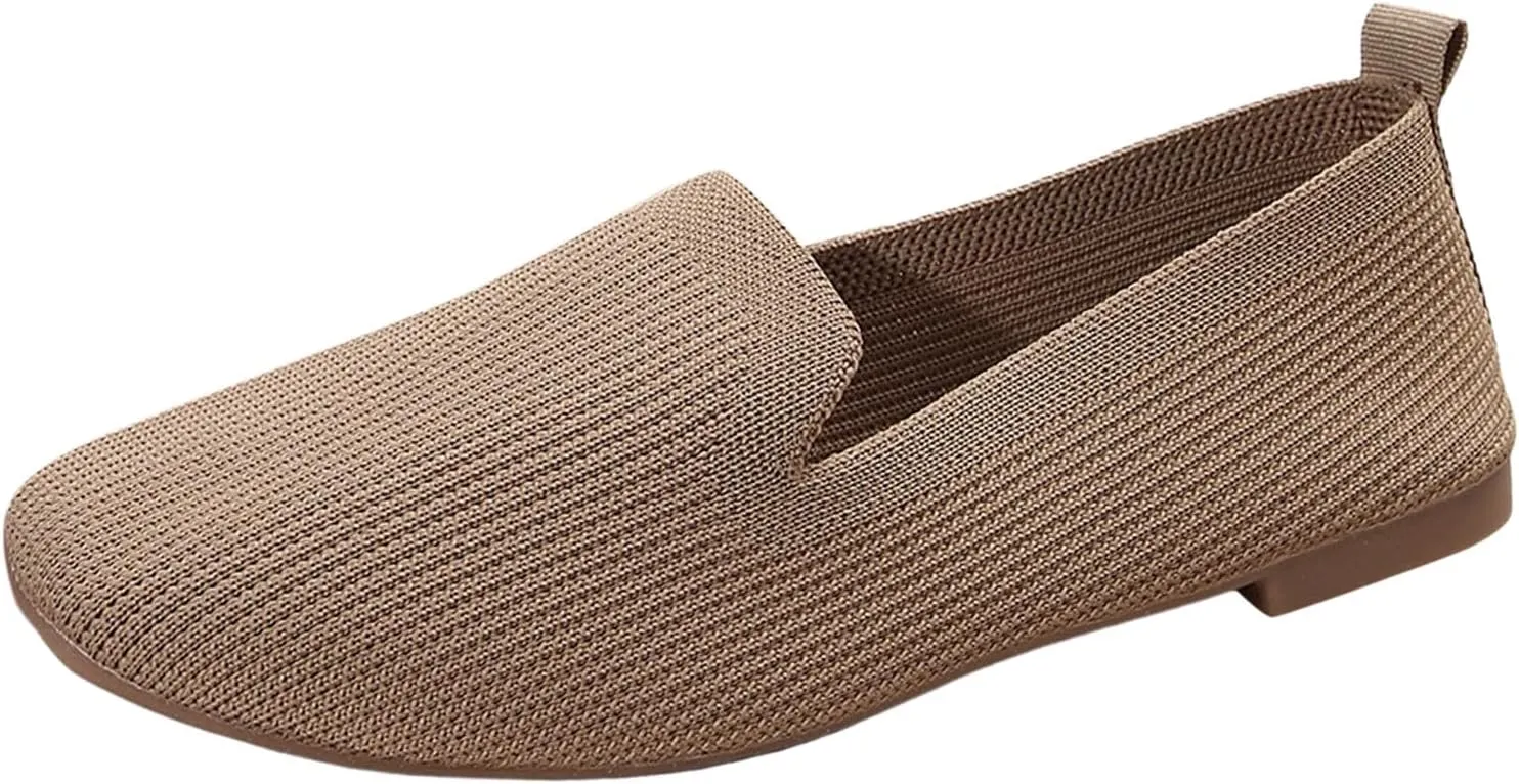 Womens Knitted Flat Shoes Soft Cushion Loafers Flats Shoes Round Head Ballet Flat Shoe Breathable Walking Shoe