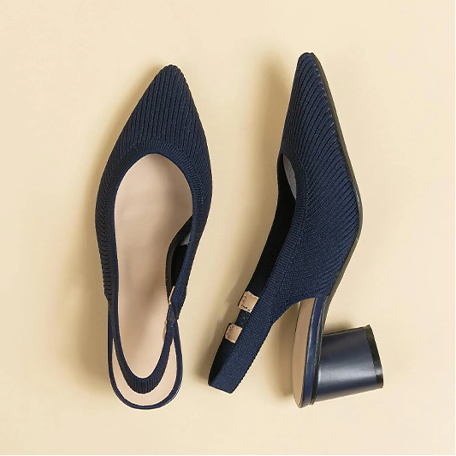 Women's Knitted Pointed Toe Slingback Heels Pumps,Comfortable Elastic Band Chunky Heel Sandals Low Heel Slip On Casual Work Office Dress Shoes