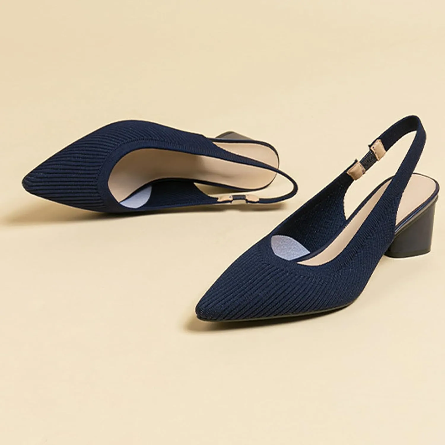 Women's Knitted Pointed Toe Slingback Heels Pumps,Comfortable Elastic Band Chunky Heel Sandals Low Heel Slip On Casual Work Office Dress Shoes