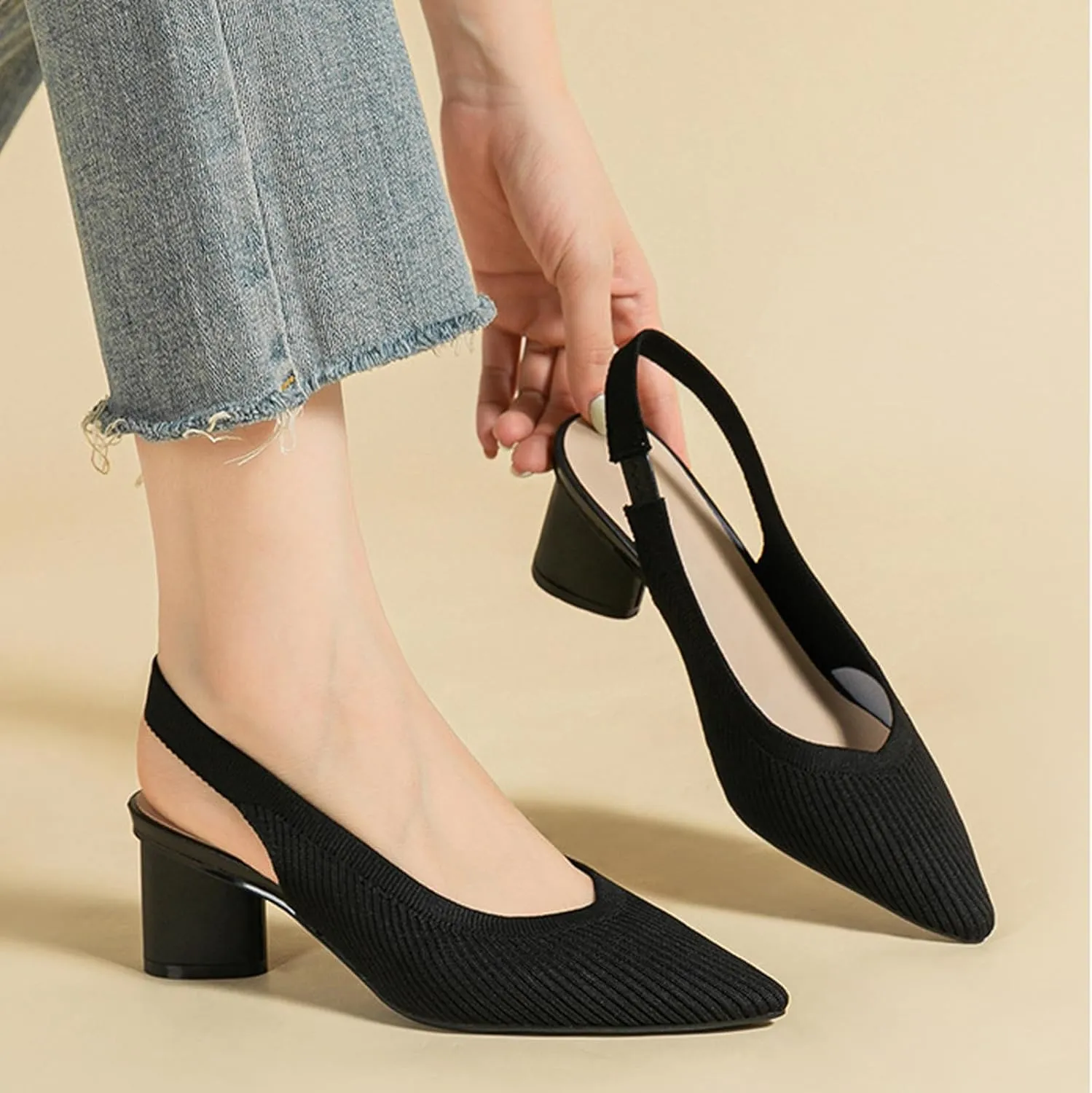 Women's Knitted Pointed Toe Slingback Heels Pumps,Comfortable Elastic Band Chunky Heel Sandals Low Heel Slip On Casual Work Office Dress Shoes
