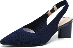 Women's Knitted Pointed Toe Slingback Heels Pumps,Comfortable Elastic Band Chunky Heel Sandals Low Heel Slip On Casual Work Office Dress Shoes