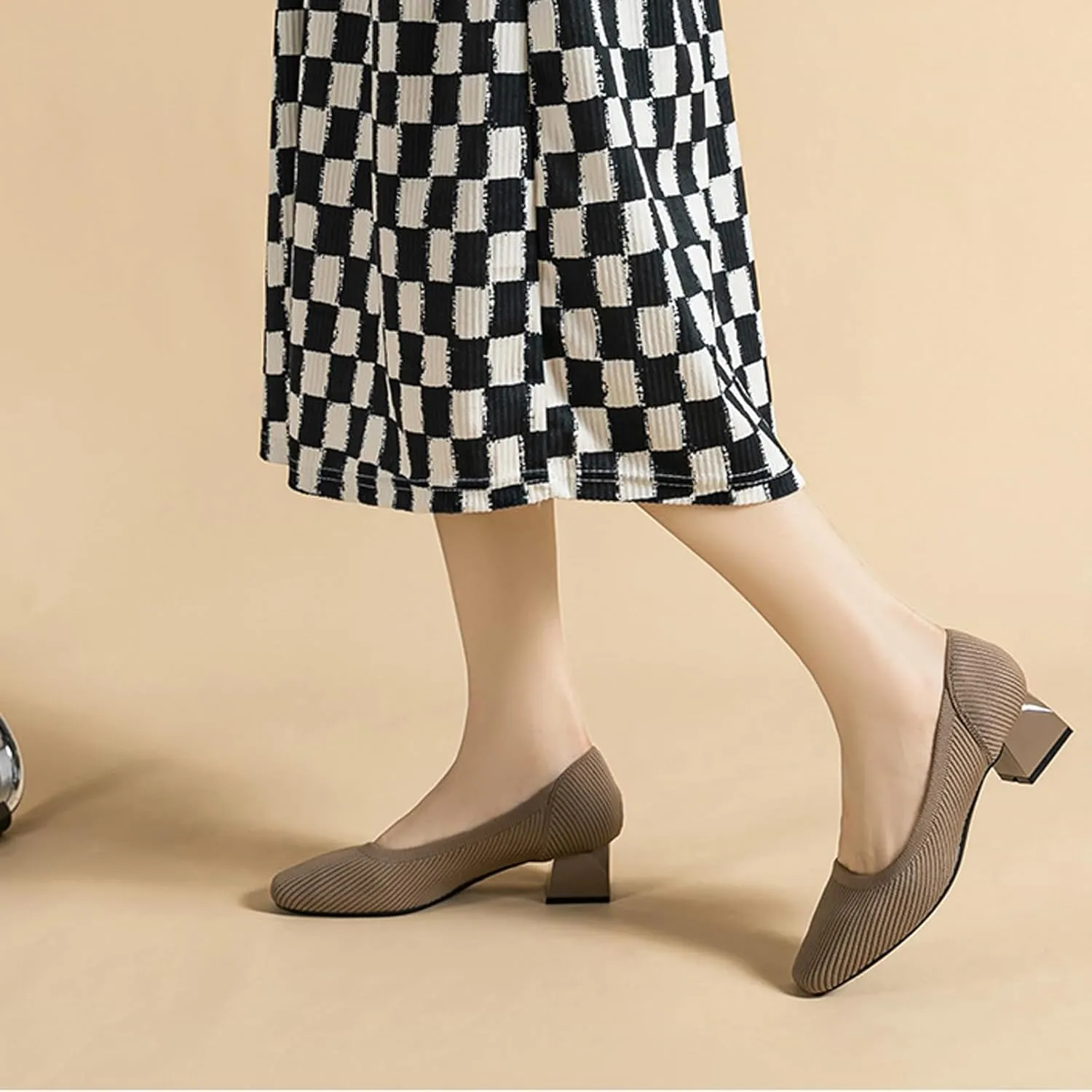 Women's Knitted Square Toe Chunky Heel Pumps,Classic Woven Low Heel Closed Toe Anti-Slip Comfortable Slip On Wedding Party Office Casual Dress Shoes