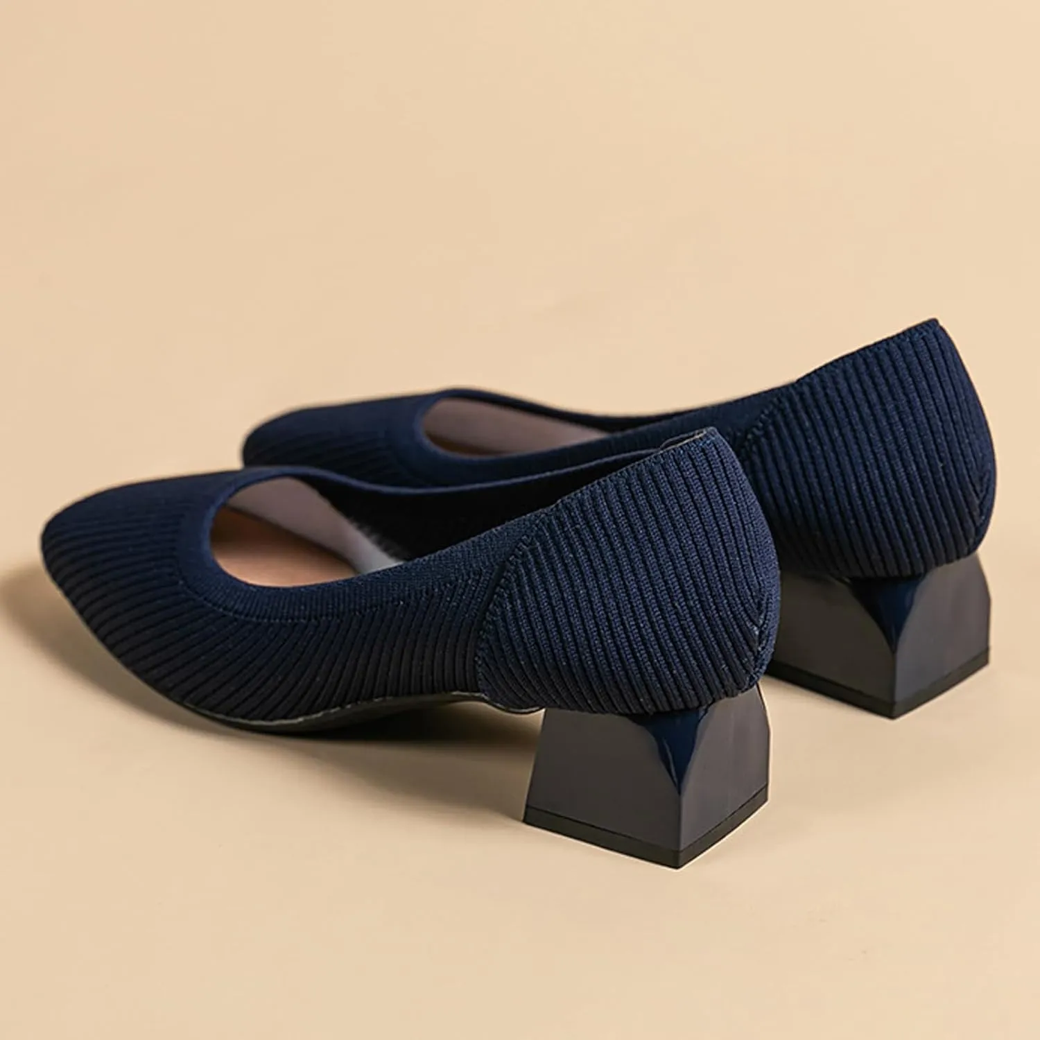 Women's Knitted Square Toe Chunky Heel Pumps,Classic Woven Low Heel Closed Toe Anti-Slip Comfortable Slip On Wedding Party Office Casual Dress Shoes