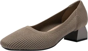 Women's Knitted Square Toe Chunky Heel Pumps,Classic Woven Low Heel Closed Toe Anti-Slip Comfortable Slip On Wedding Party Office Casual Dress Shoes