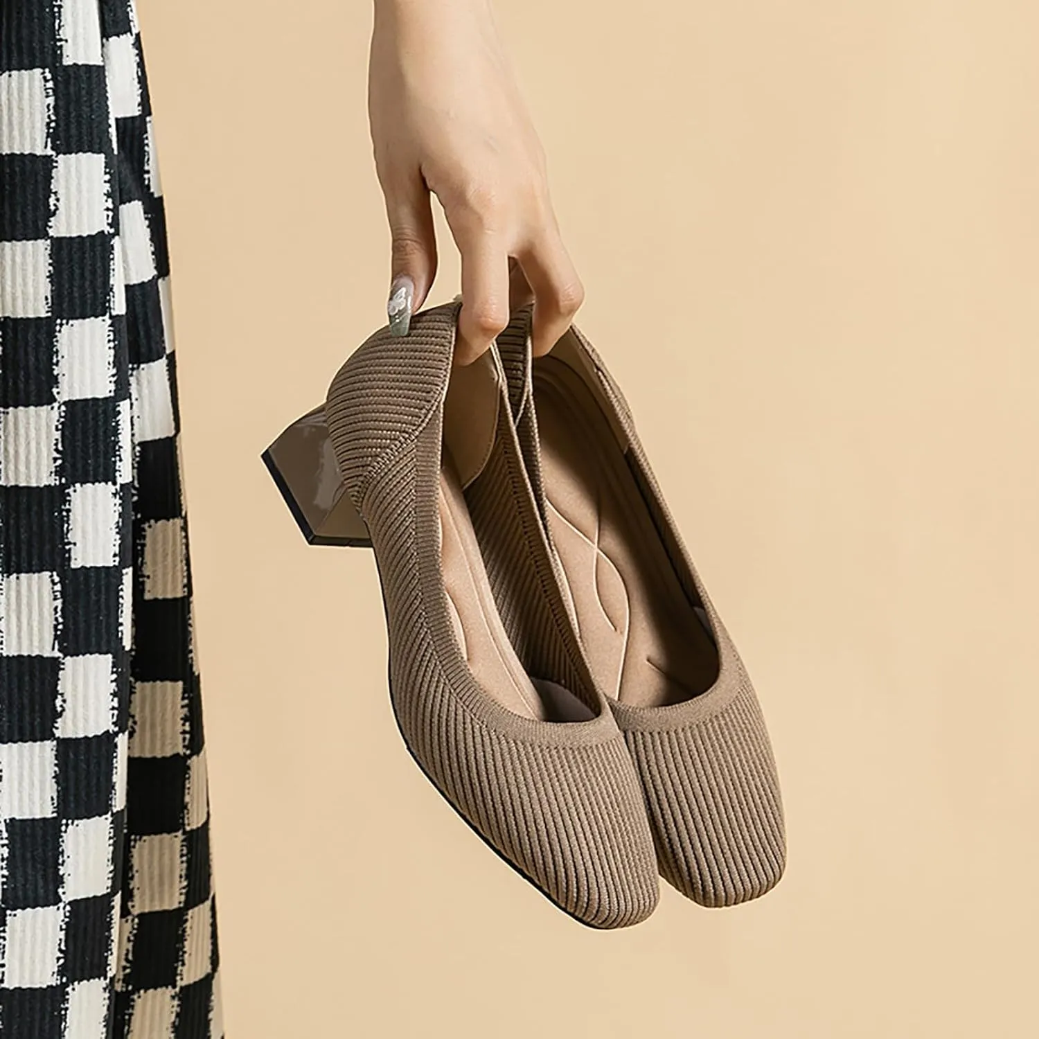 Women's Knitted Square Toe Chunky Heel Pumps,Classic Woven Low Heel Closed Toe Anti-Slip Comfortable Slip On Wedding Party Office Casual Dress Shoes