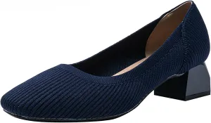 Women's Knitted Square Toe Chunky Heel Pumps,Classic Woven Low Heel Closed Toe Anti-Slip Comfortable Slip On Wedding Party Office Casual Dress Shoes