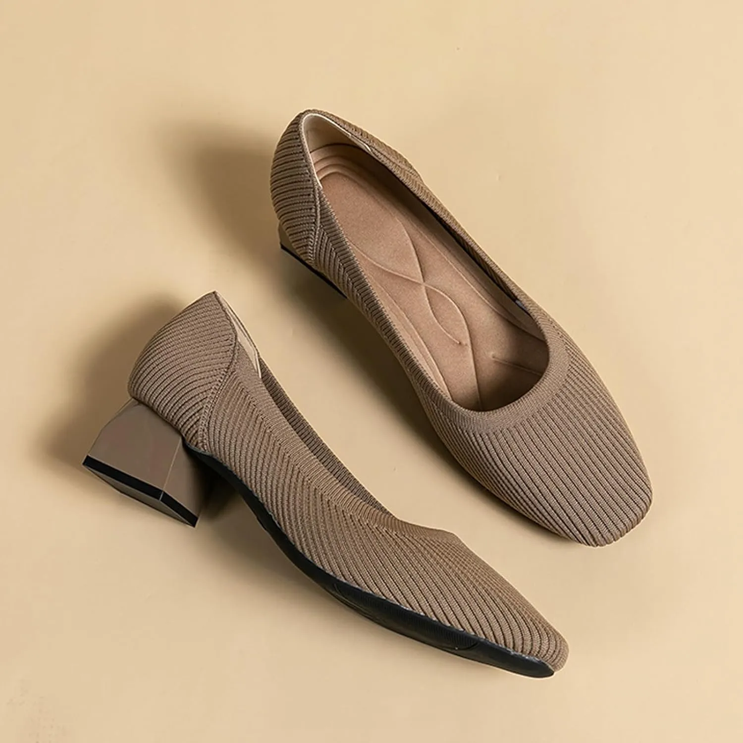 Women's Knitted Square Toe Chunky Heel Pumps,Classic Woven Low Heel Closed Toe Anti-Slip Comfortable Slip On Wedding Party Office Casual Dress Shoes