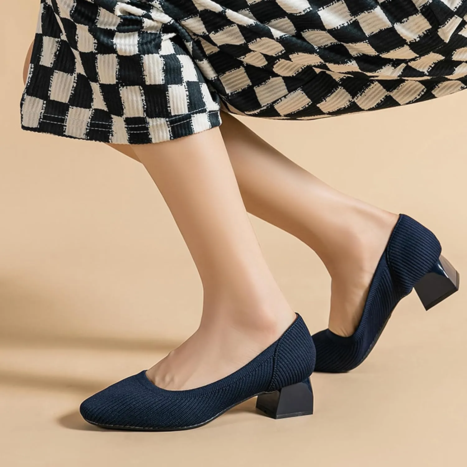 Women's Knitted Square Toe Chunky Heel Pumps,Classic Woven Low Heel Closed Toe Anti-Slip Comfortable Slip On Wedding Party Office Casual Dress Shoes