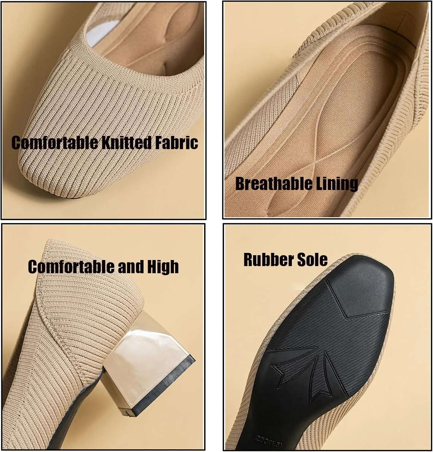 Women's Knitted Square Toe Chunky Heel Pumps,Classic Woven Low Heel Closed Toe Anti-Slip Comfortable Slip On Wedding Party Office Casual Dress Shoes