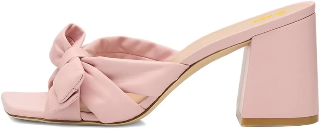 Women’s Knot Mules Cross Strap Slippers Slip On Sandals Chunky Mid Heels Square Toe Shoes Indoor Shopping Party Size 4-16 US
