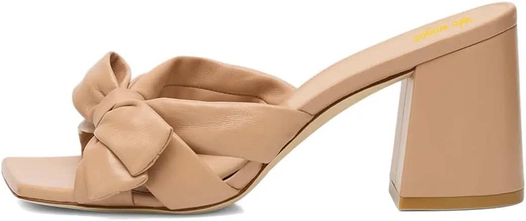 Women’s Knot Mules Cross Strap Slippers Slip On Sandals Chunky Mid Heels Square Toe Shoes Indoor Shopping Party Size 4-16 US