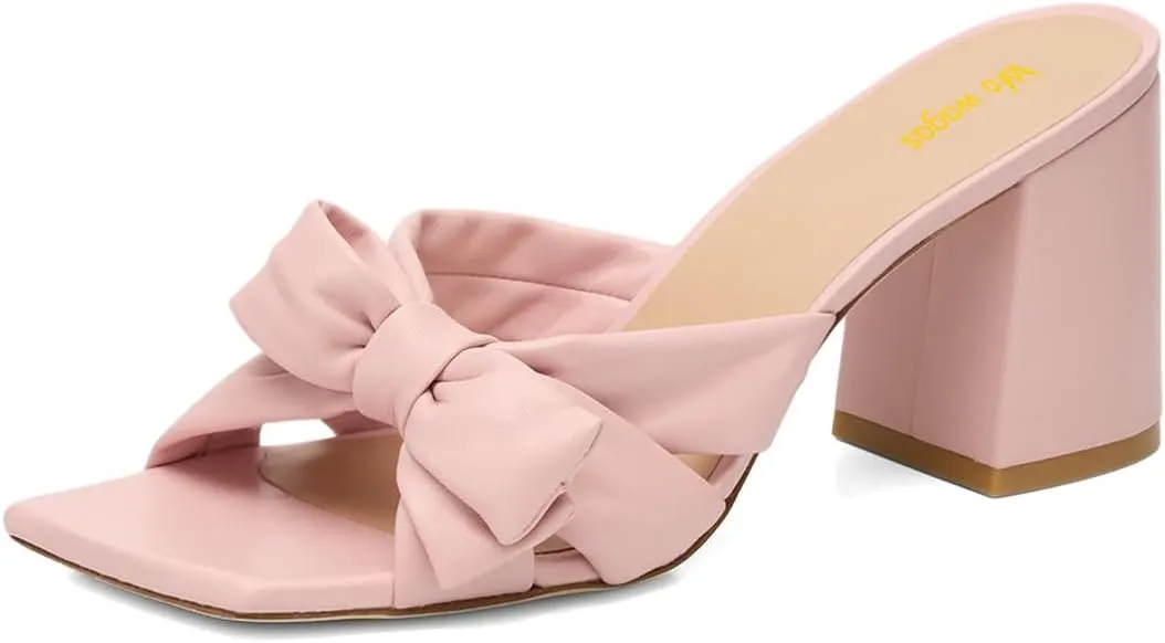 Women’s Knot Mules Cross Strap Slippers Slip On Sandals Chunky Mid Heels Square Toe Shoes Indoor Shopping Party Size 4-16 US