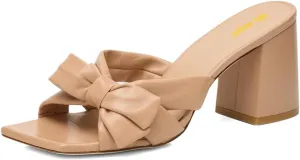 Women’s Knot Mules Cross Strap Slippers Slip On Sandals Chunky Mid Heels Square Toe Shoes Indoor Shopping Party Size 4-16 US
