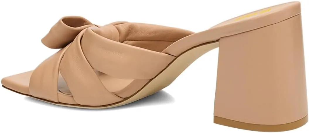 Women’s Knot Mules Cross Strap Slippers Slip On Sandals Chunky Mid Heels Square Toe Shoes Indoor Shopping Party Size 4-16 US