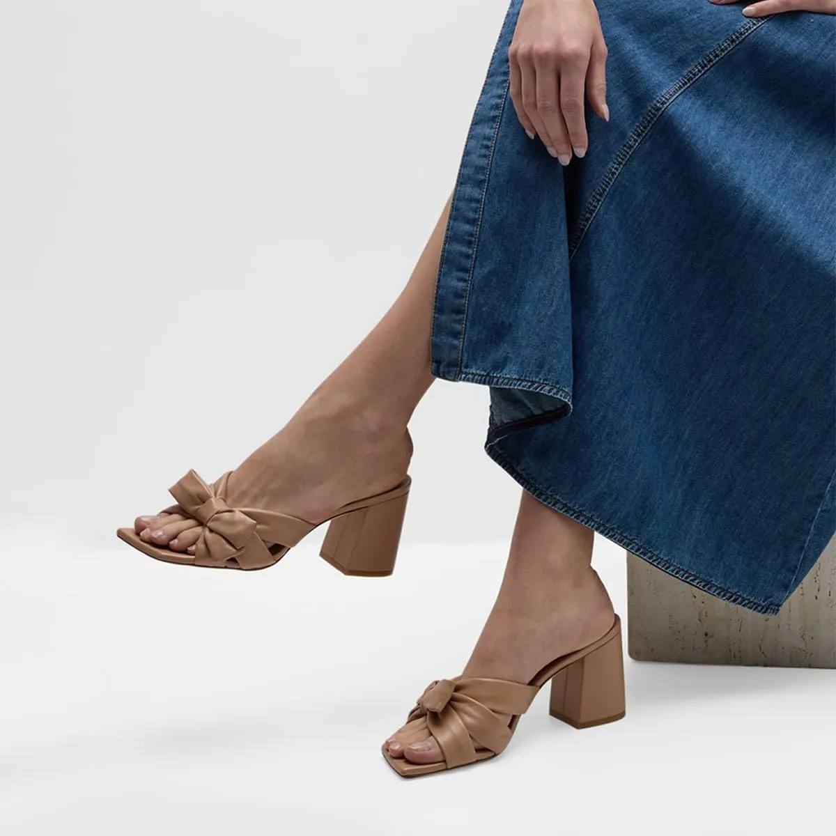 Women’s Knot Mules Cross Strap Slippers Slip On Sandals Chunky Mid Heels Square Toe Shoes Indoor Shopping Party Size 4-16 US