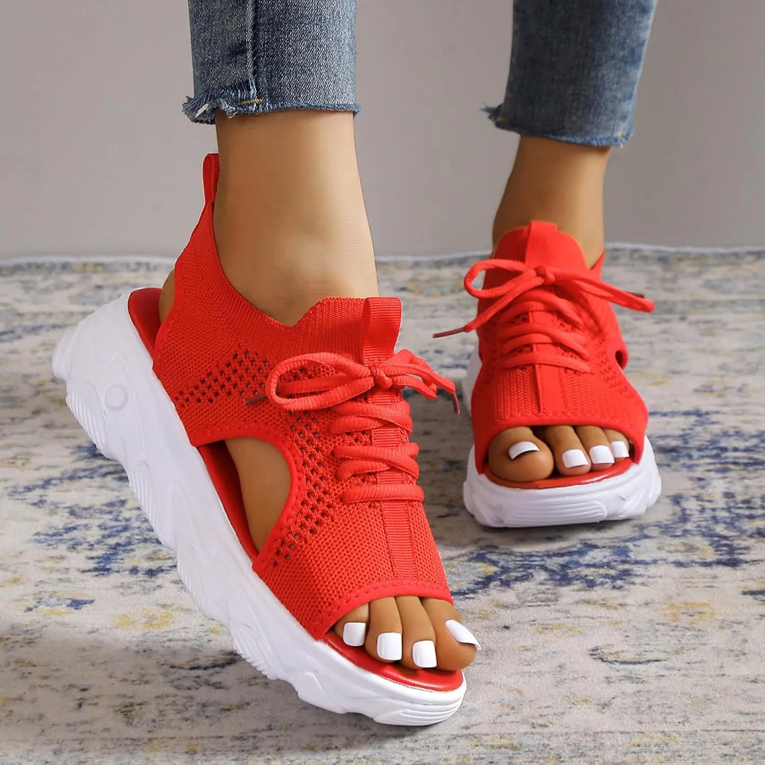 Women's Lace Up Muffin Sandals, Orthopedic Sandals for Women, 2024 Summer Mesh Open Toe Platform Wedge Sandals Causal Walking Sandals