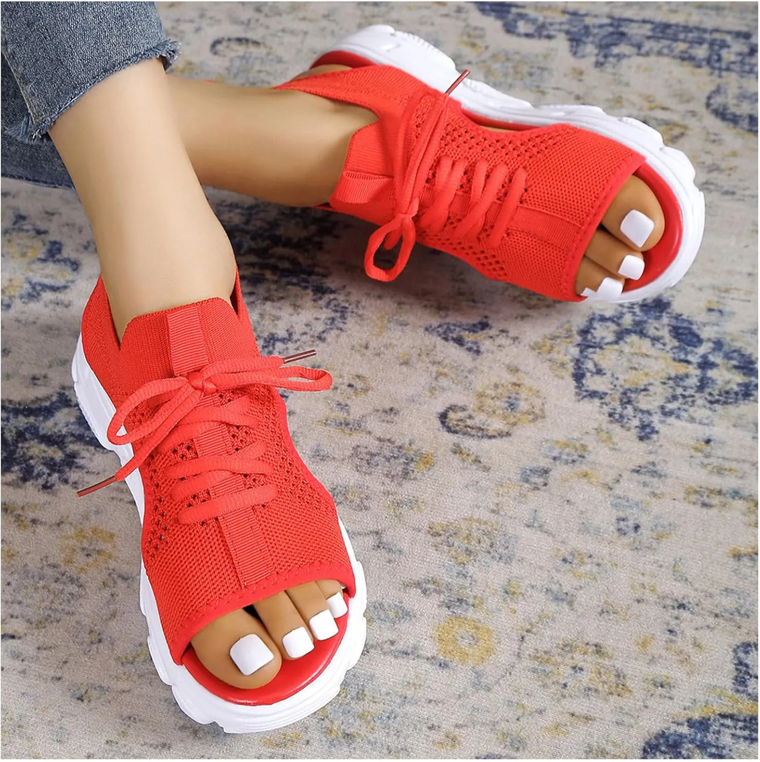 Women's Lace Up Muffin Sandals, Orthopedic Sandals for Women, 2024 Summer Mesh Open Toe Platform Wedge Sandals Causal Walking Sandals