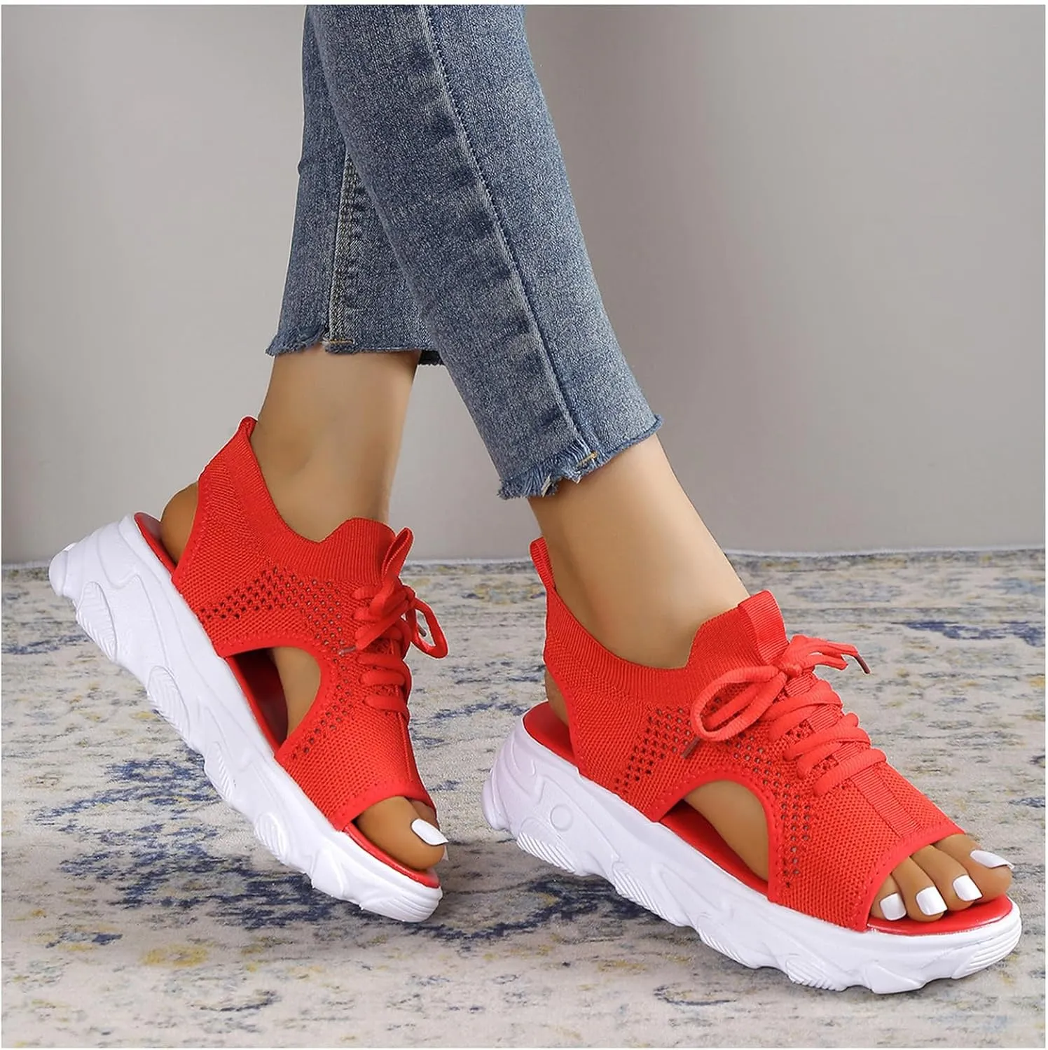 Women's Lace Up Muffin Sandals, Orthopedic Sandals for Women, 2024 Summer Mesh Open Toe Platform Wedge Sandals Causal Walking Sandals