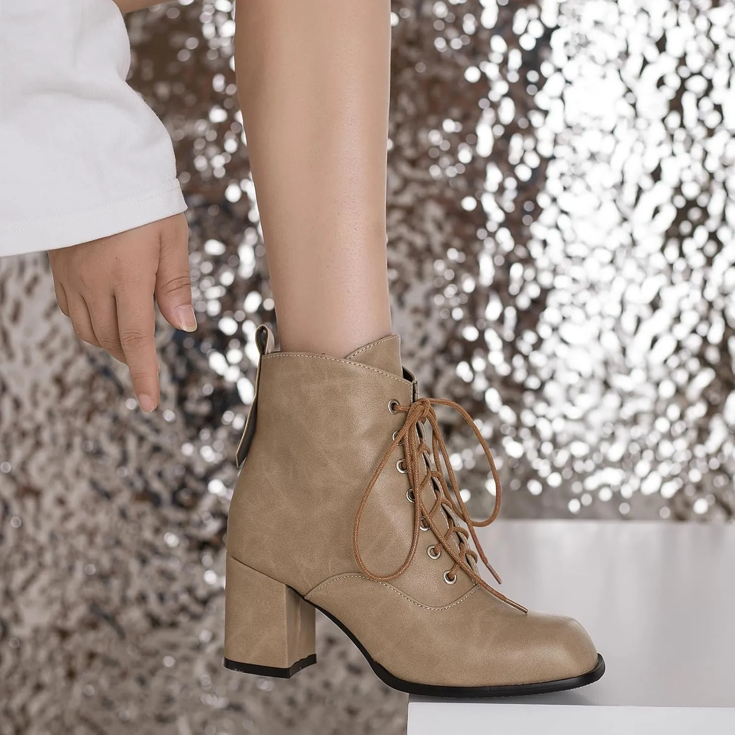 Women's Lace up Zipper Ankle Boots Chunky Heel Booties Retro Combat Boots