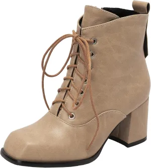 Women's Lace up Zipper Ankle Boots Chunky Heel Booties Retro Combat Boots