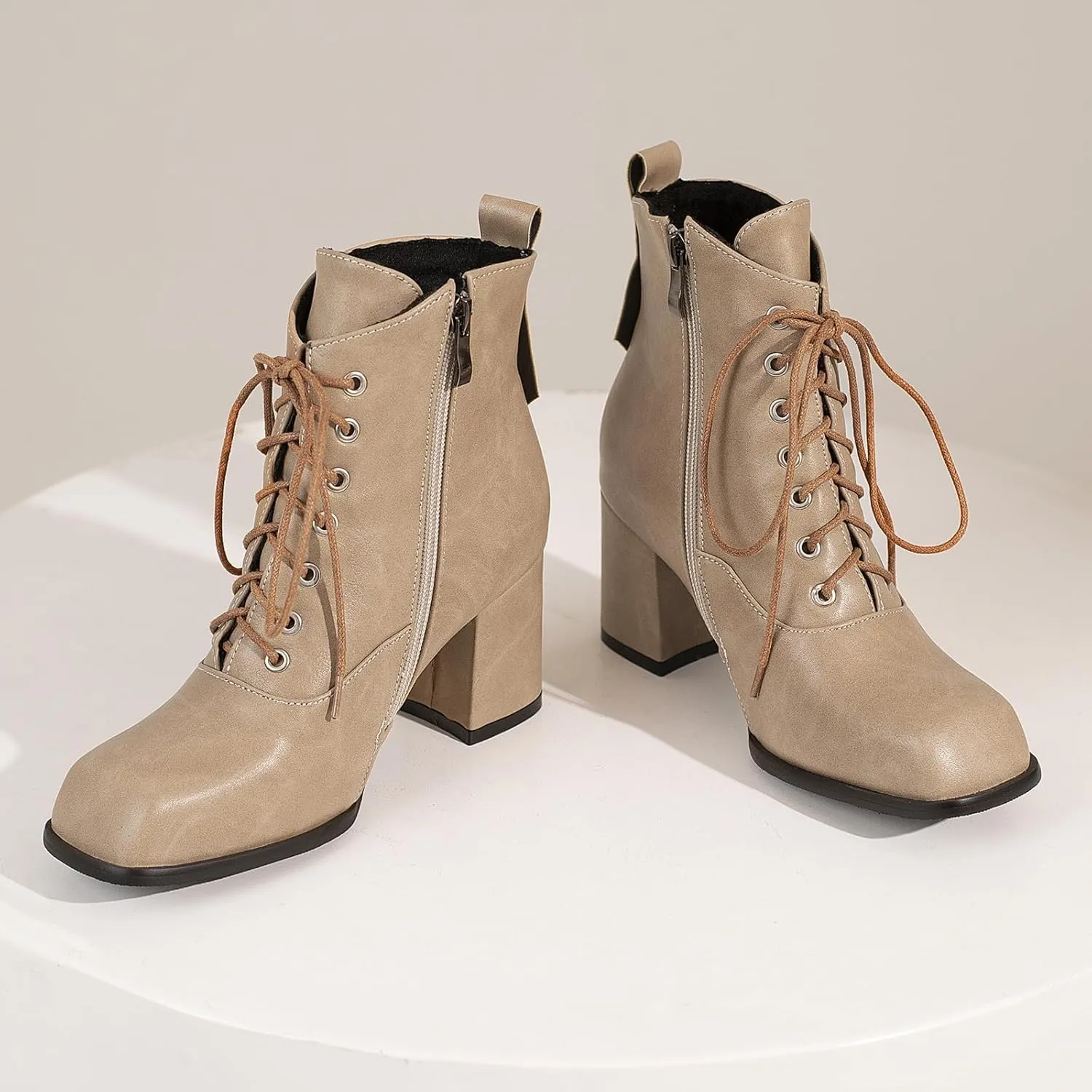 Women's Lace up Zipper Ankle Boots Chunky Heel Booties Retro Combat Boots