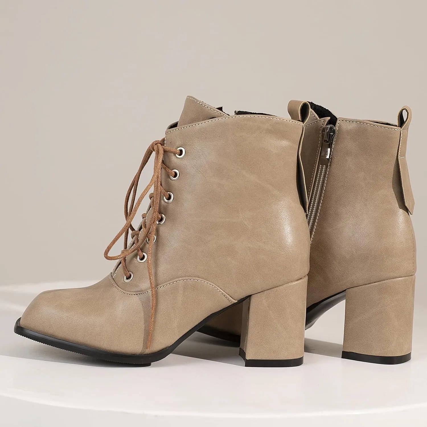 Women's Lace up Zipper Ankle Boots Chunky Heel Booties Retro Combat Boots