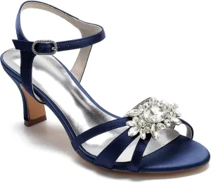 Womens Ladies Kitten Heel Ankle Strap Party Wedding Prom Sandals Shoes with Rhinestones