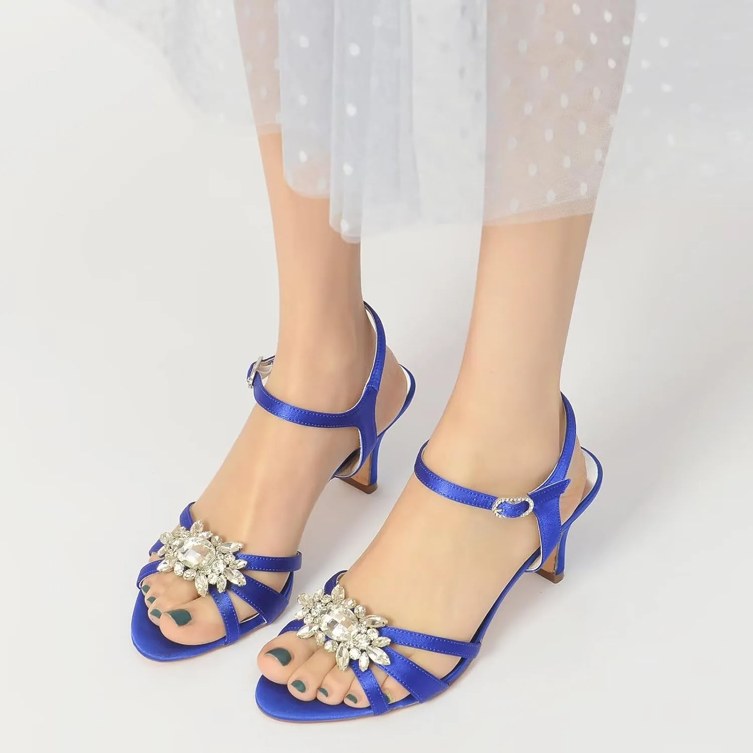 Womens Ladies Kitten Heel Ankle Strap Party Wedding Prom Sandals Shoes with Rhinestones