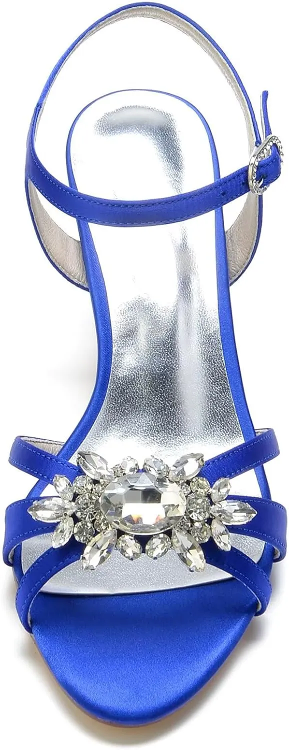 Womens Ladies Kitten Heel Ankle Strap Party Wedding Prom Sandals Shoes with Rhinestones