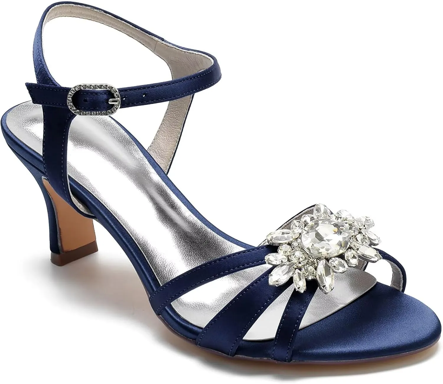 Womens Ladies Kitten Heel Ankle Strap Party Wedding Prom Sandals Shoes with Rhinestones
