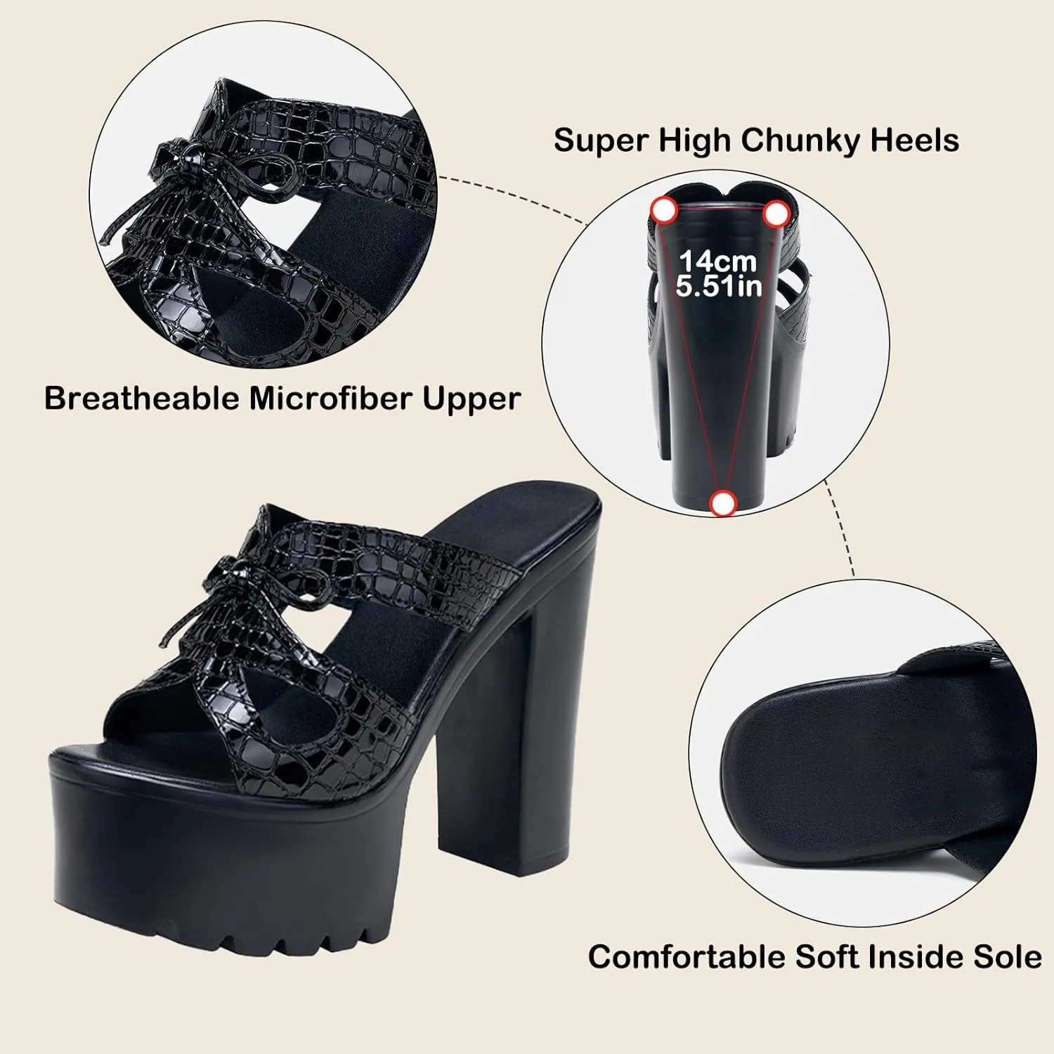 Women's Leather Bow Sexy Chunky High Heels Goth Sandals Summer Fashion Comfortable Round Open Toe Platform High Heel Slip On Y2K Punk Slides Sandals for Prom Wedding Party