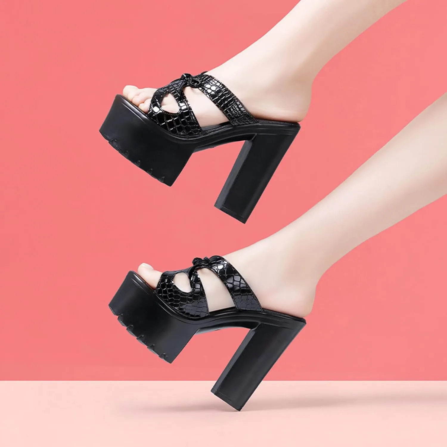 Women's Leather Bow Sexy Chunky High Heels Goth Sandals Summer Fashion Comfortable Round Open Toe Platform High Heel Slip On Y2K Punk Slides Sandals for Prom Wedding Party