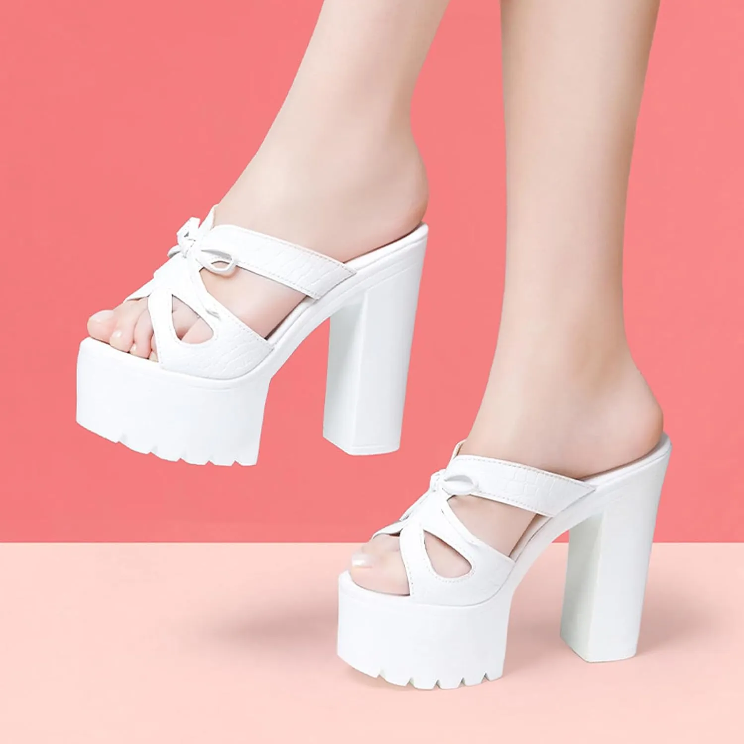 Women's Leather Bow Sexy Chunky High Heels Goth Sandals Summer Fashion Comfortable Round Open Toe Platform High Heel Slip On Y2K Punk Slides Sandals for Prom Wedding Party