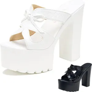 Women's Leather Bow Sexy Chunky High Heels Goth Sandals Summer Fashion Comfortable Round Open Toe Platform High Heel Slip On Y2K Punk Slides Sandals for Prom Wedding Party