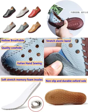 Women's Leather Casual Cutout Loafers Flat Slip-on Shoes,Handmade Stitch Comfort Breathable Oxford Softsole Walking