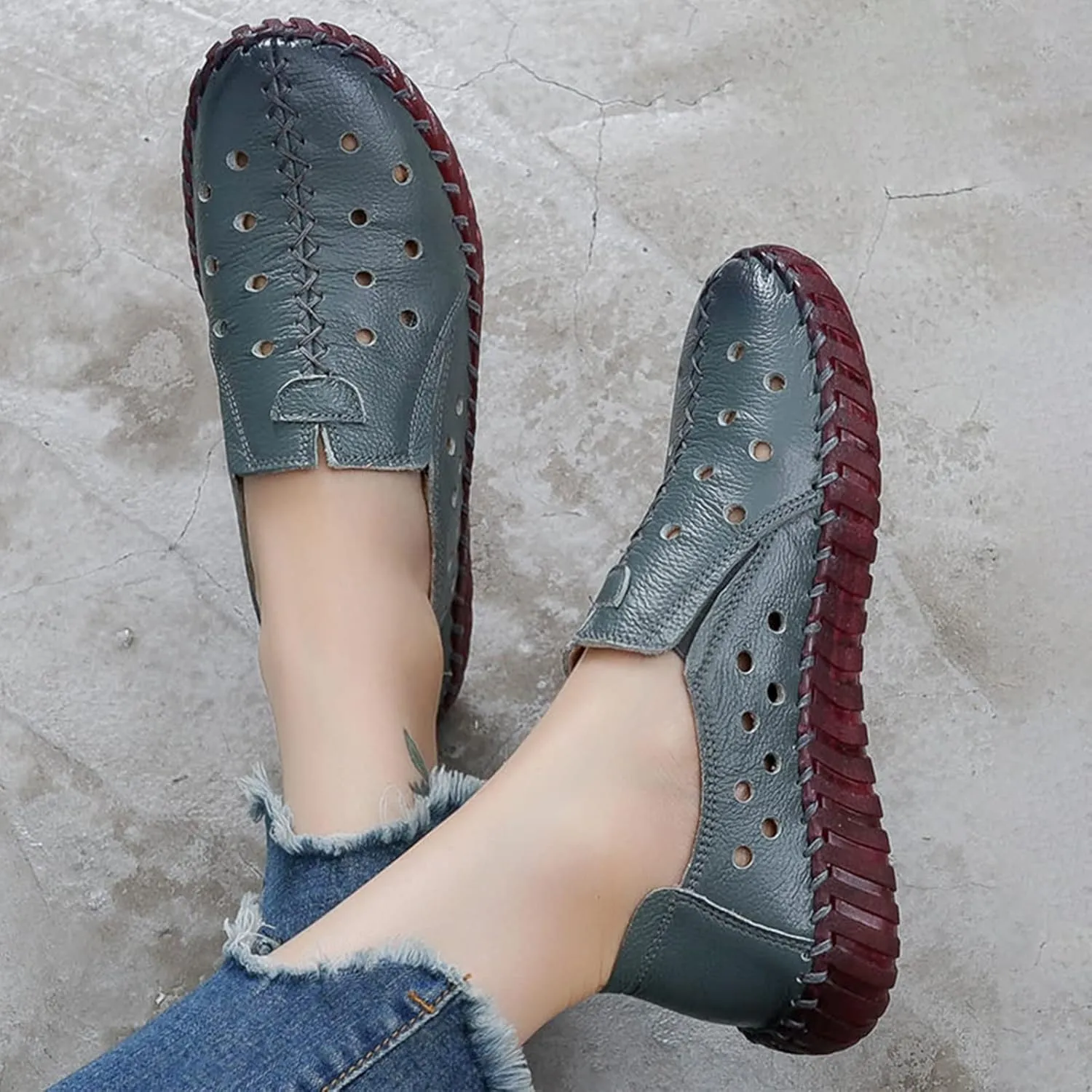 Women's Leather Casual Cutout Loafers Flat Slip-on Shoes,Handmade Stitch Comfort Breathable Oxford Softsole Walking