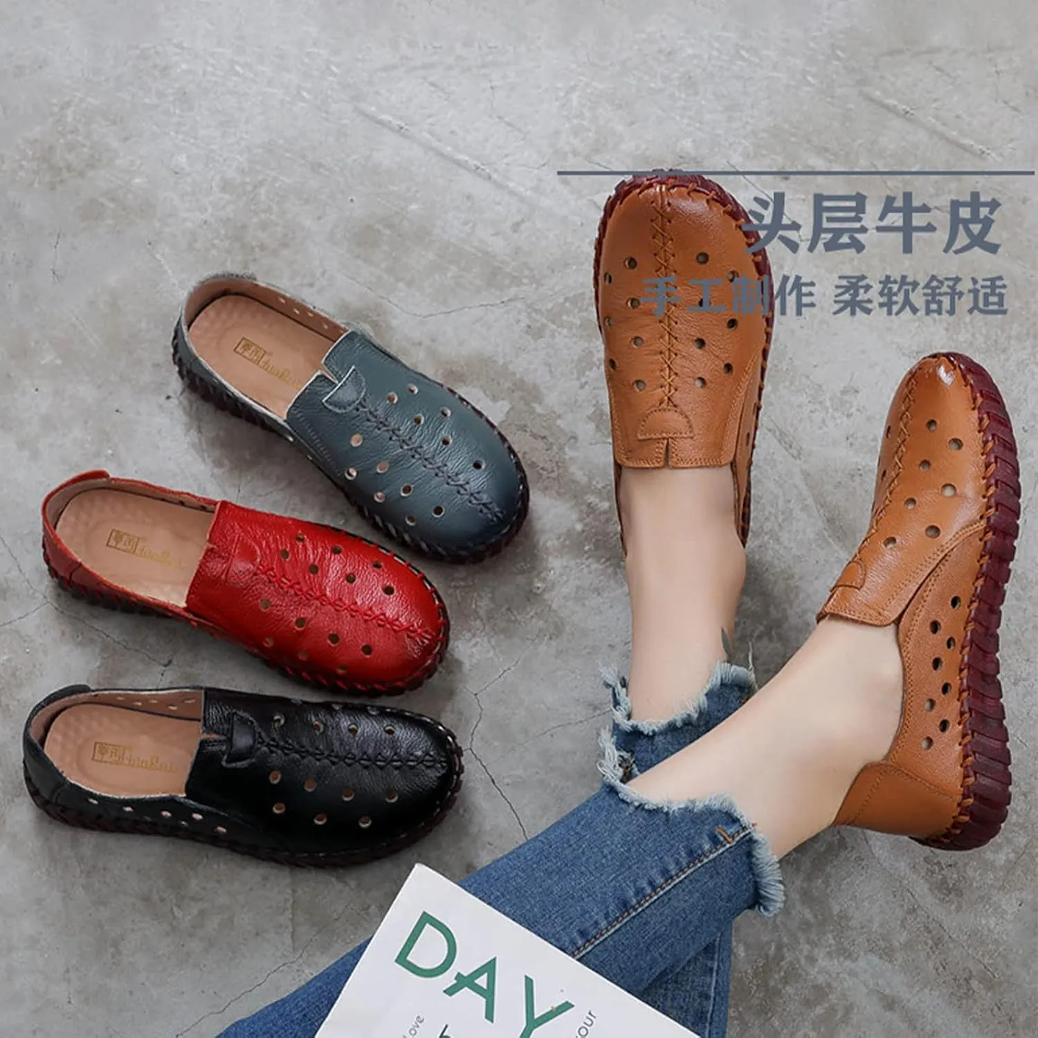 Women's Leather Casual Cutout Loafers Flat Slip-on Shoes,Handmade Stitch Comfort Breathable Oxford Softsole Walking