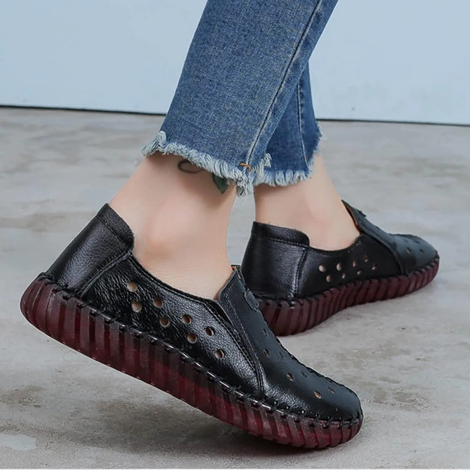 Women's Leather Casual Cutout Loafers Flat Slip-on Shoes,Handmade Stitch Comfort Breathable Oxford Softsole Walking