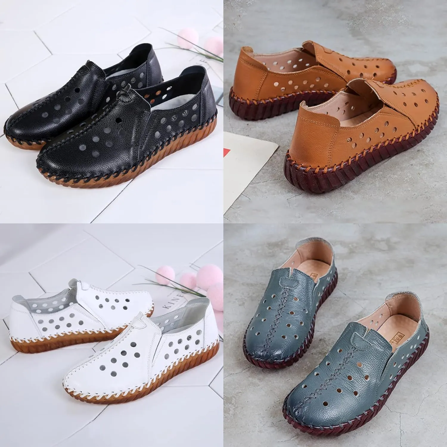 Women's Leather Casual Cutout Loafers Flat Slip-on Shoes,Handmade Stitch Comfort Breathable Oxford Softsole Walking