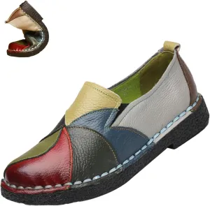 Women's Leather Colorblock Slip-on Flat Shoes,Vintage Comfy Hand-Stitching Softsole Driving Walking Casual Loafers