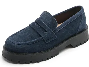 Women's Leather Lug Sole Penny Loafers Classic Round Toe Comfort Slip On Uniform Dress Shoes Casual Fashion Chunky Heel Work Shoes