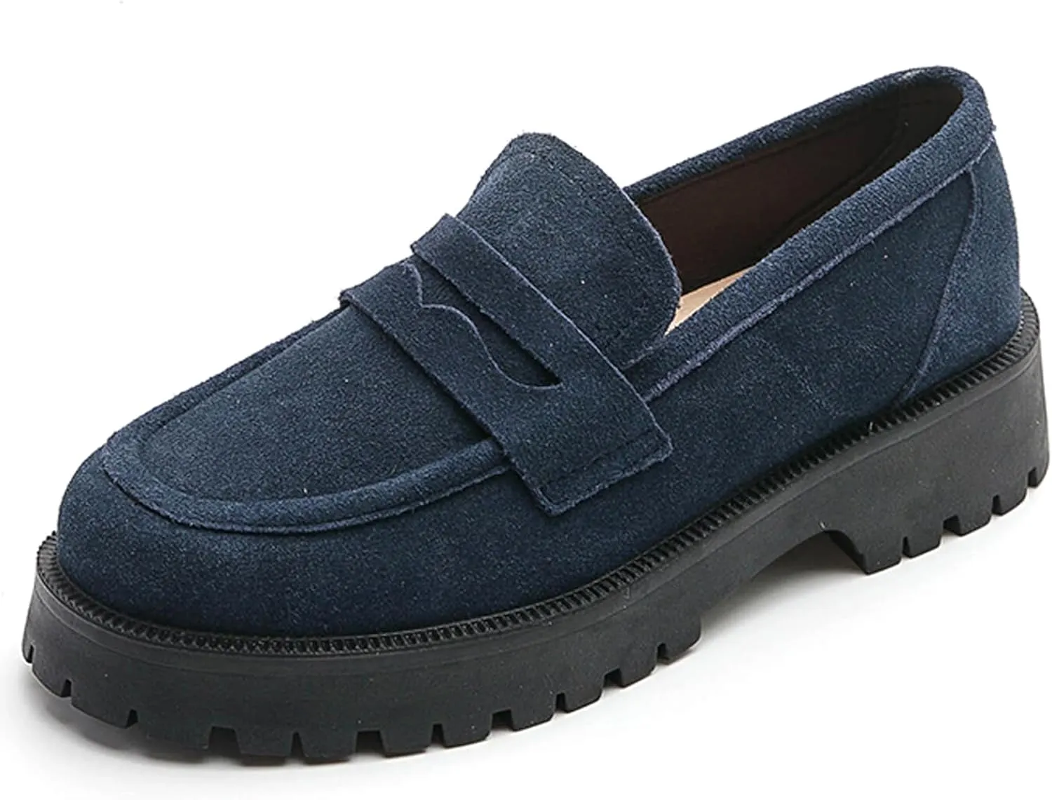 Women's Leather Lug Sole Penny Loafers Classic Round Toe Comfort Slip On Uniform Dress Shoes Casual Fashion Chunky Heel Work Shoes