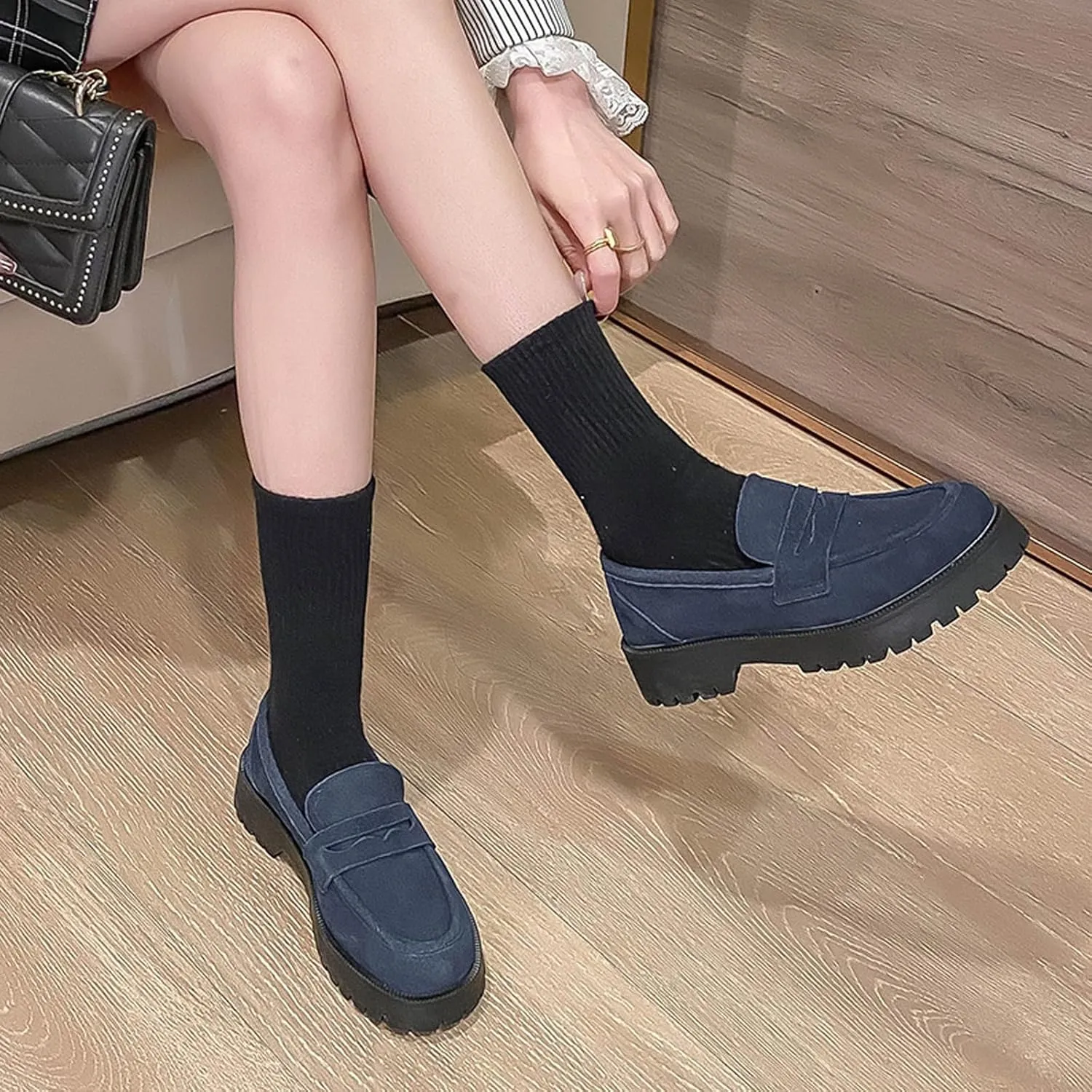 Women's Leather Lug Sole Penny Loafers Classic Round Toe Comfort Slip On Uniform Dress Shoes Casual Fashion Chunky Heel Work Shoes